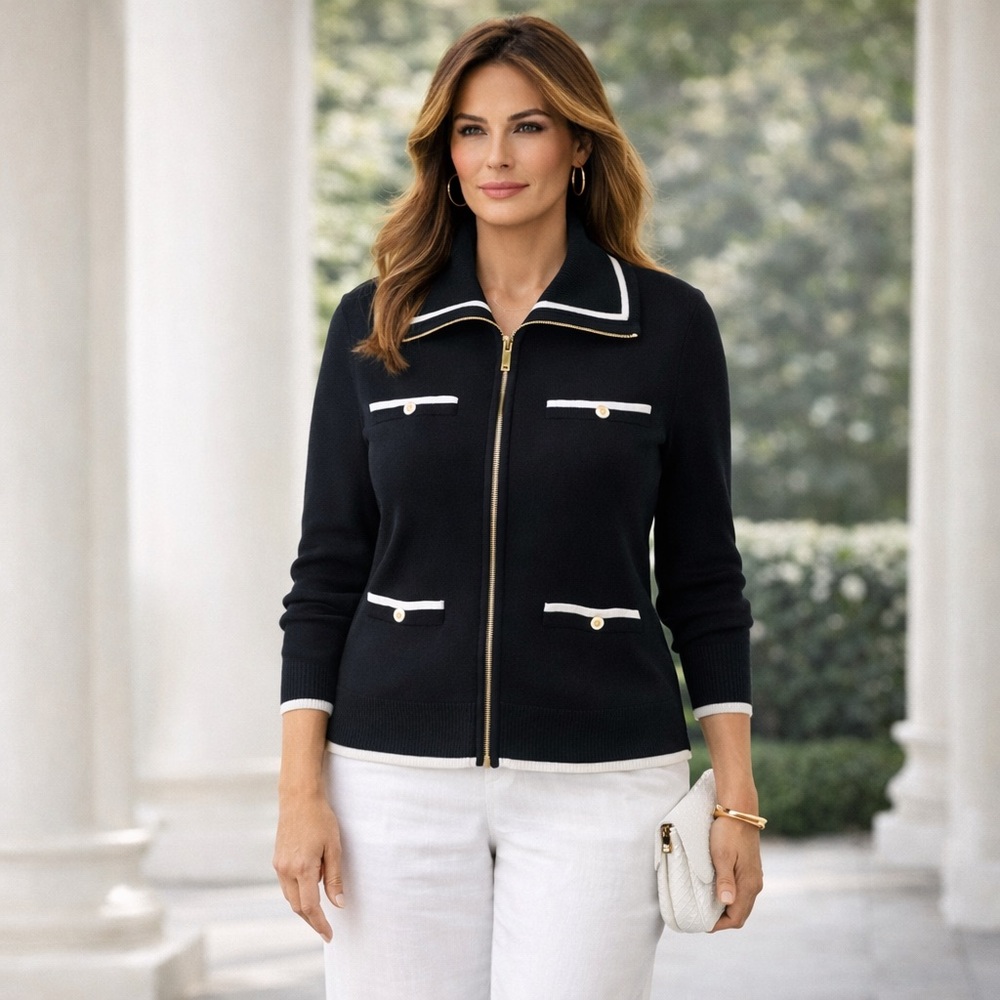 Talbots Women's Plus Size Full Zip Cardigan - Tipped in Black Size X NWT - Picture 2 of 10
